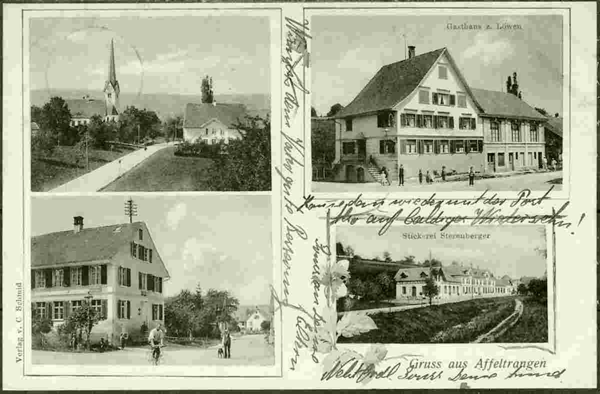 Affeltrangen. Gasthaus zum Löwen, Kirche, Dorfstraße, Stickerei Sterenberger, 1911