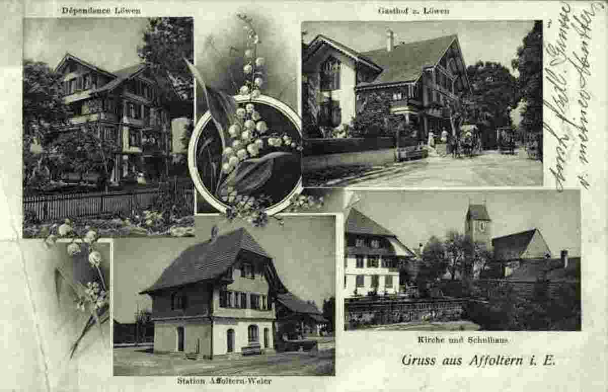 Affoltern im Emmental. Gasthof zum Löwen, Station Affoltern-Weier, Kirche und Schulhaus