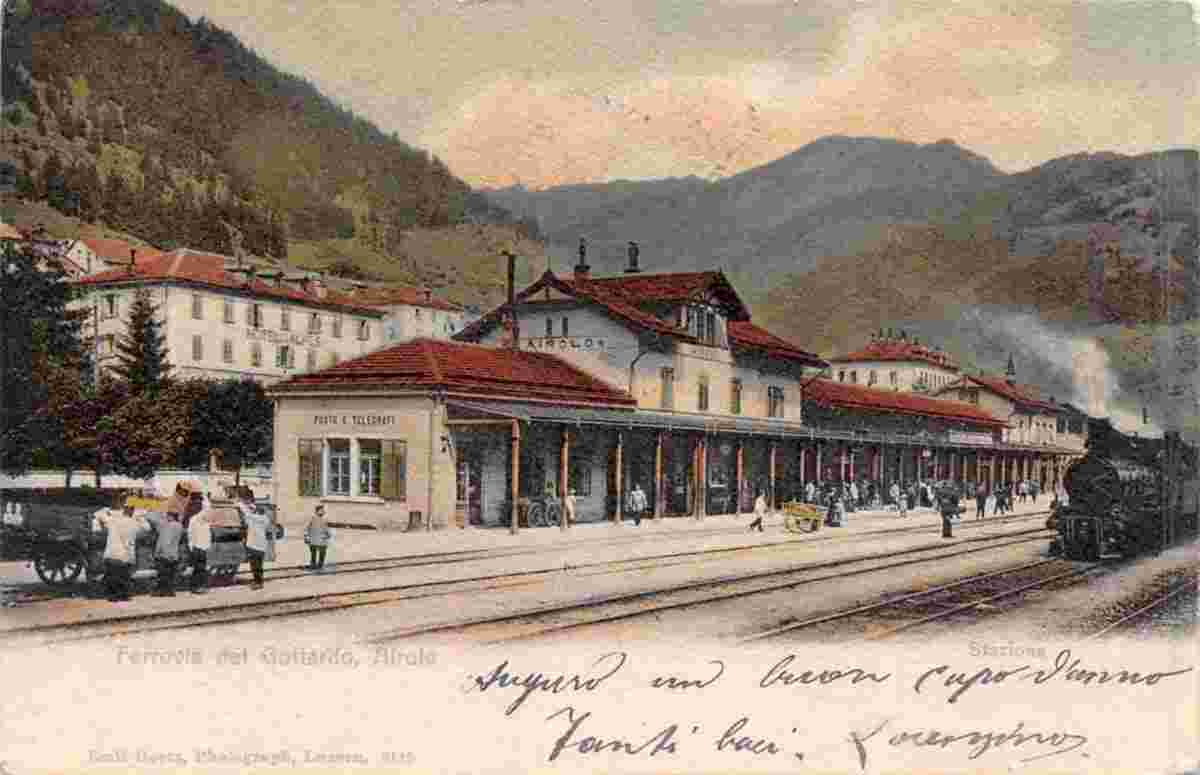 Airolo. Bahnhof, Post und Telegraph, Hotel des Alpes, 1906