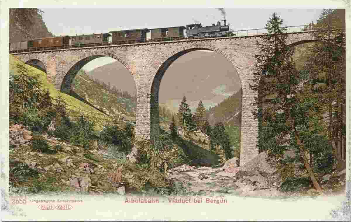 Albula / Alvra. Albulabahn, Viadukt bei Bergün, 1900