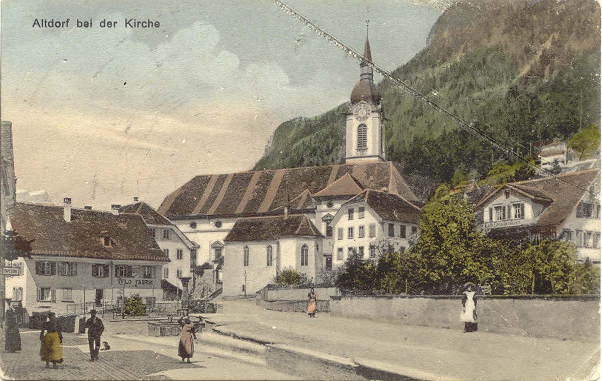 Altdorf. Kirche und Velo Fabrik, 1910