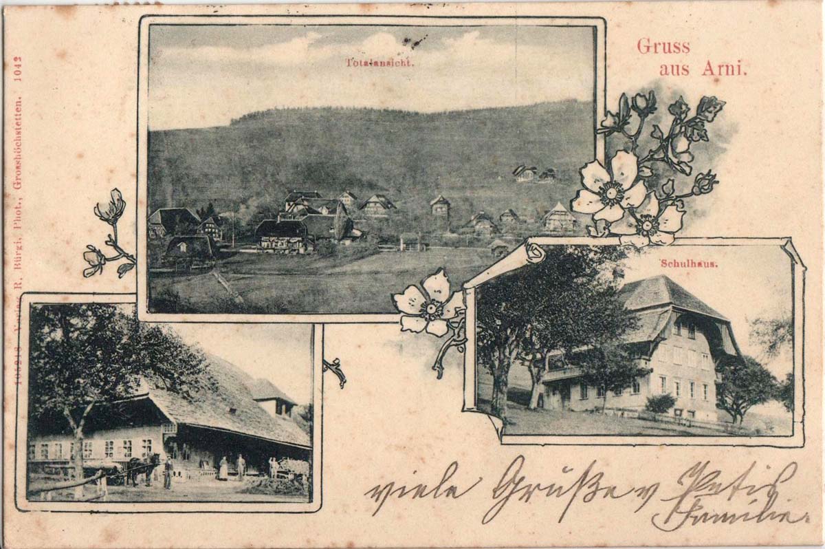Arni BE. Totalansicht, Schulhaus, 1913