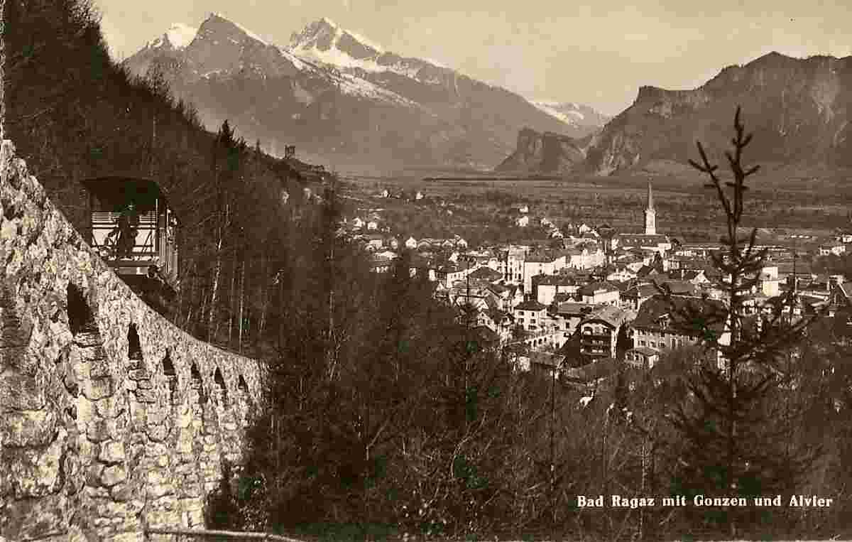 Blick auf Bad Ragaz mit Gonzen und Alvier, Funicolare, 1958