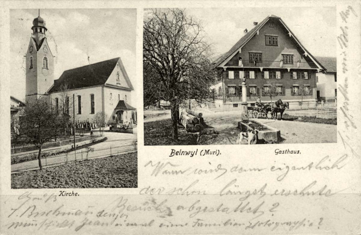 Beinwil (Freiamt). Restaurant Rössli und Kirche, 1910