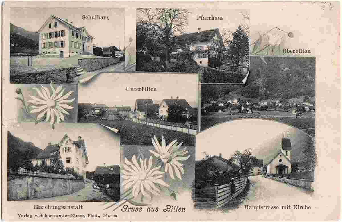 Bilten. Schulhaus, Pfarrhaus, Ober Bilten, Unter Bilten, Erziehungsanstalt, Hauptstrasse mit Kirche, 1905