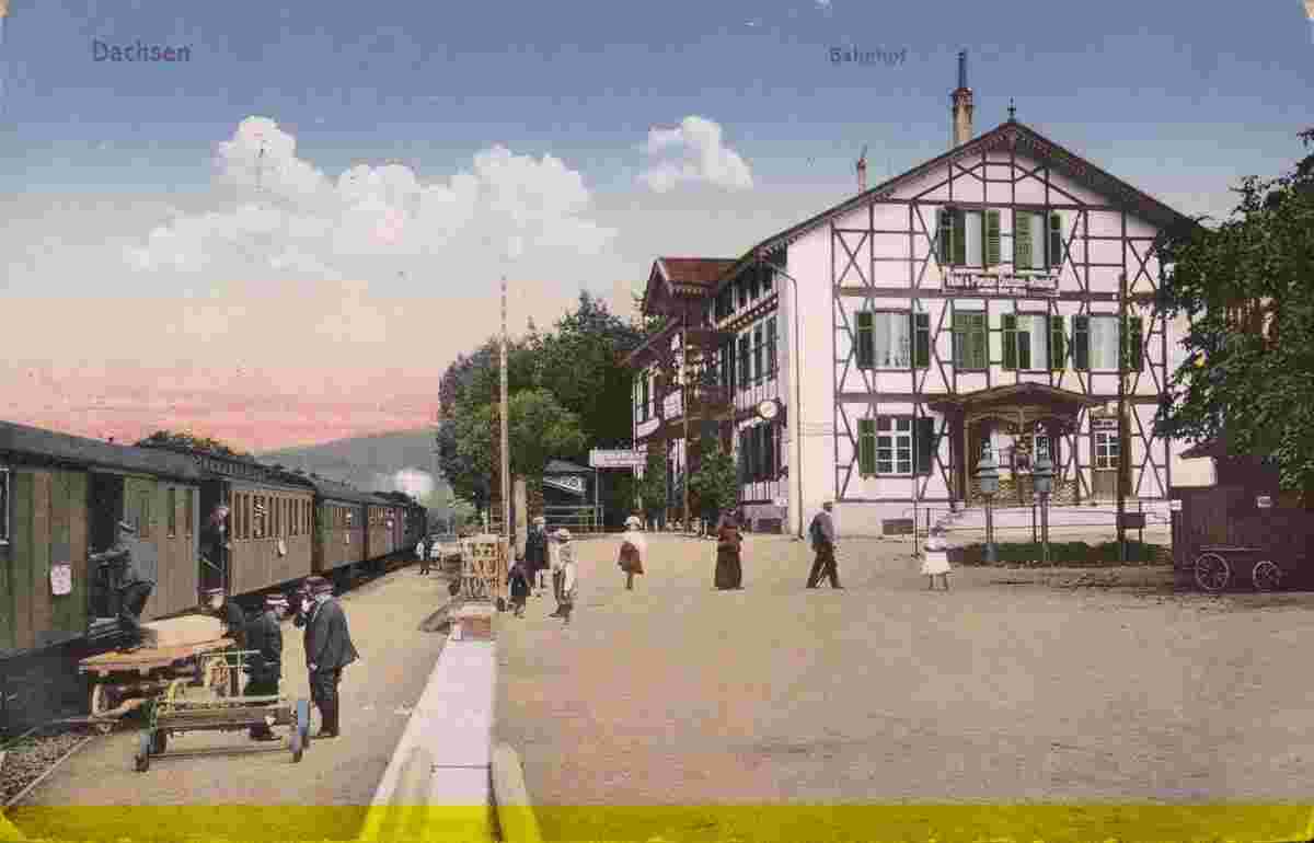 Dachsen. Bahnhof und Zug, Hotel Witzig, 1924