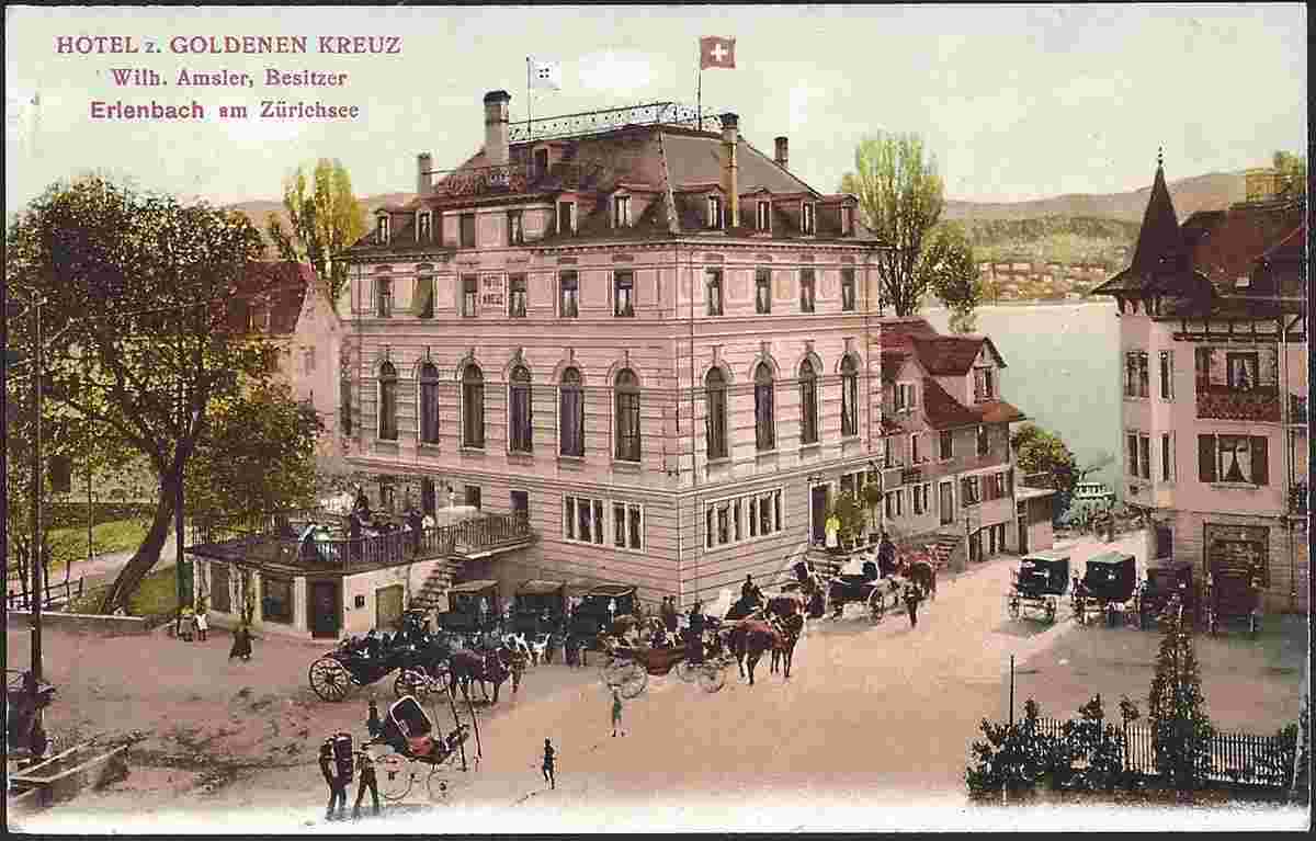 Erlenbach. Hotel goldenen Kreuz, Besitzer Wilhelm Amsler, Kutschen, 1907