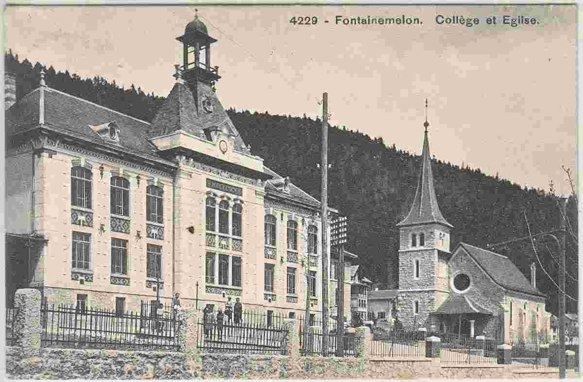 Fontainemelon - Le collège et l'église, 1917