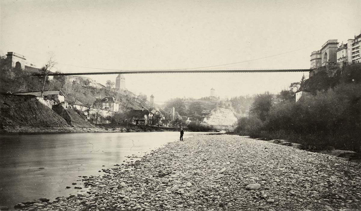 Freiburg im Üechtland. Die Hängebrücke - Le grand pont suspendu, um 1870