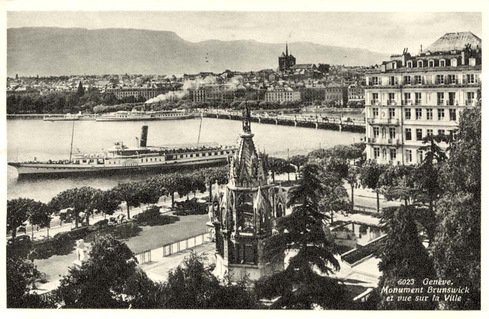 Genf (Genève). Monument Brunswick avec Hotel de la Paix