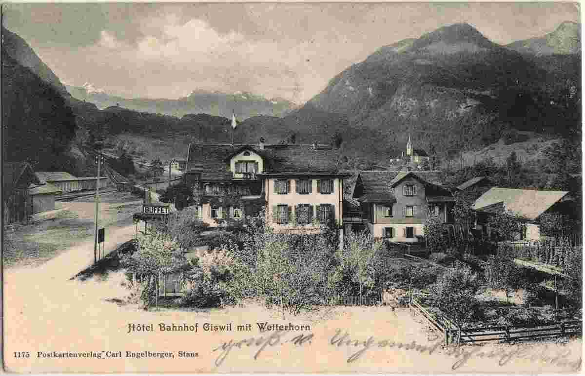 Giswil mit Wetterhorn, Hotel und Buffet, Bahnhof, 1903