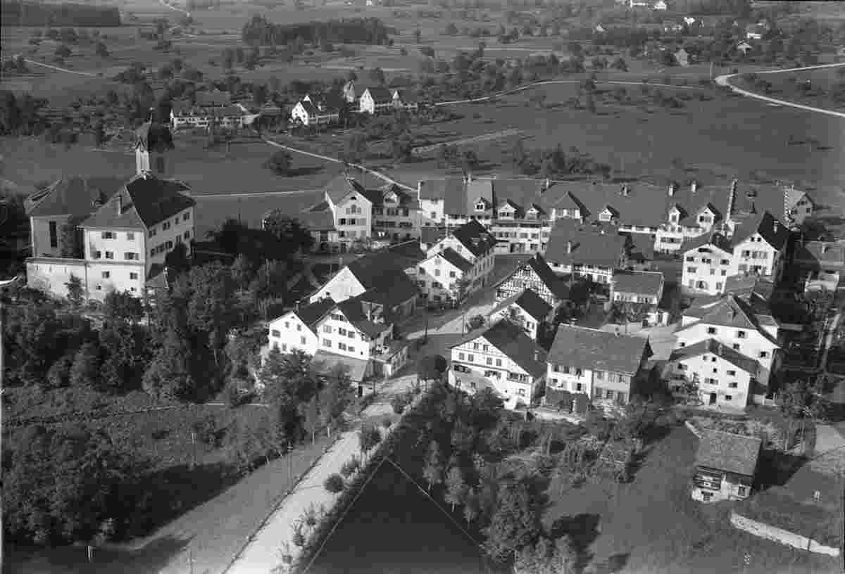 Blick auf Grüningen mit Strassenbahn Linie, 1934