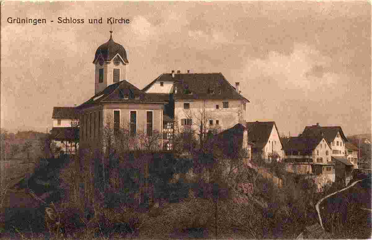 Grüningen. Blick auf Schloß mit Kirche, 1917