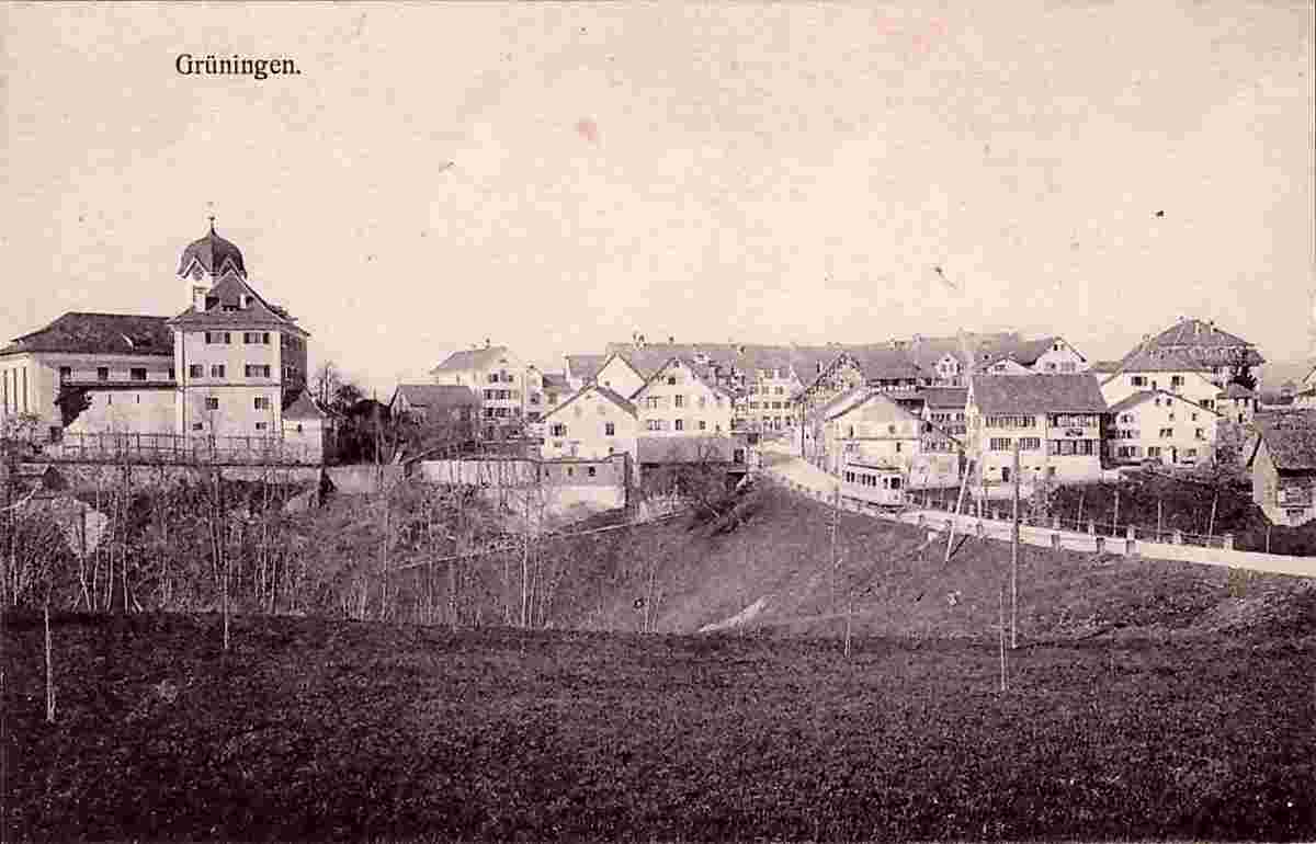 Grüningen. Blick auf Schloß und Strassenbahn, um 1910