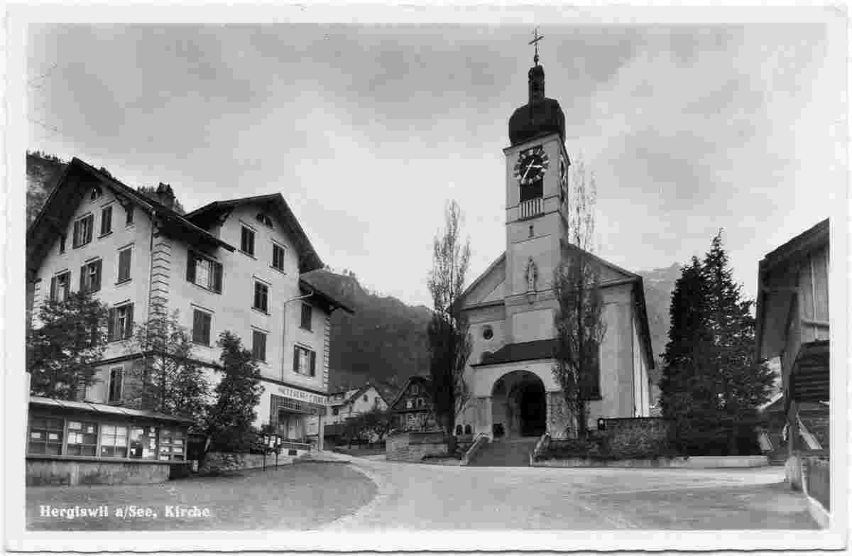 Hergiswil. Kirche und Metzgerei, um 1940