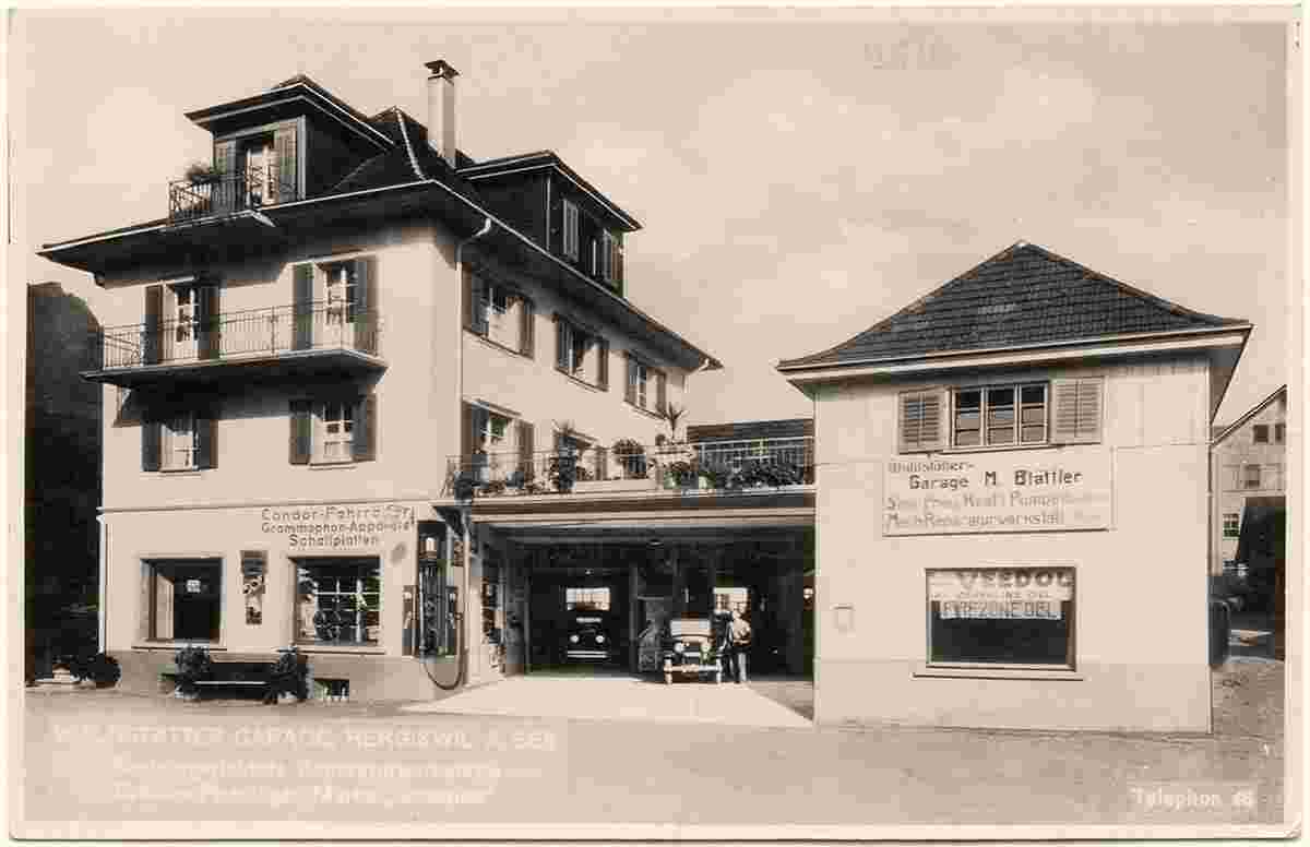 Hergiswil. Waldstätter Garage M. Blättler, Tanksäule, um 1930