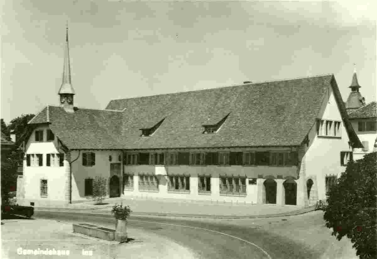Ins. Gemeindehaus und brunnen, 1954
