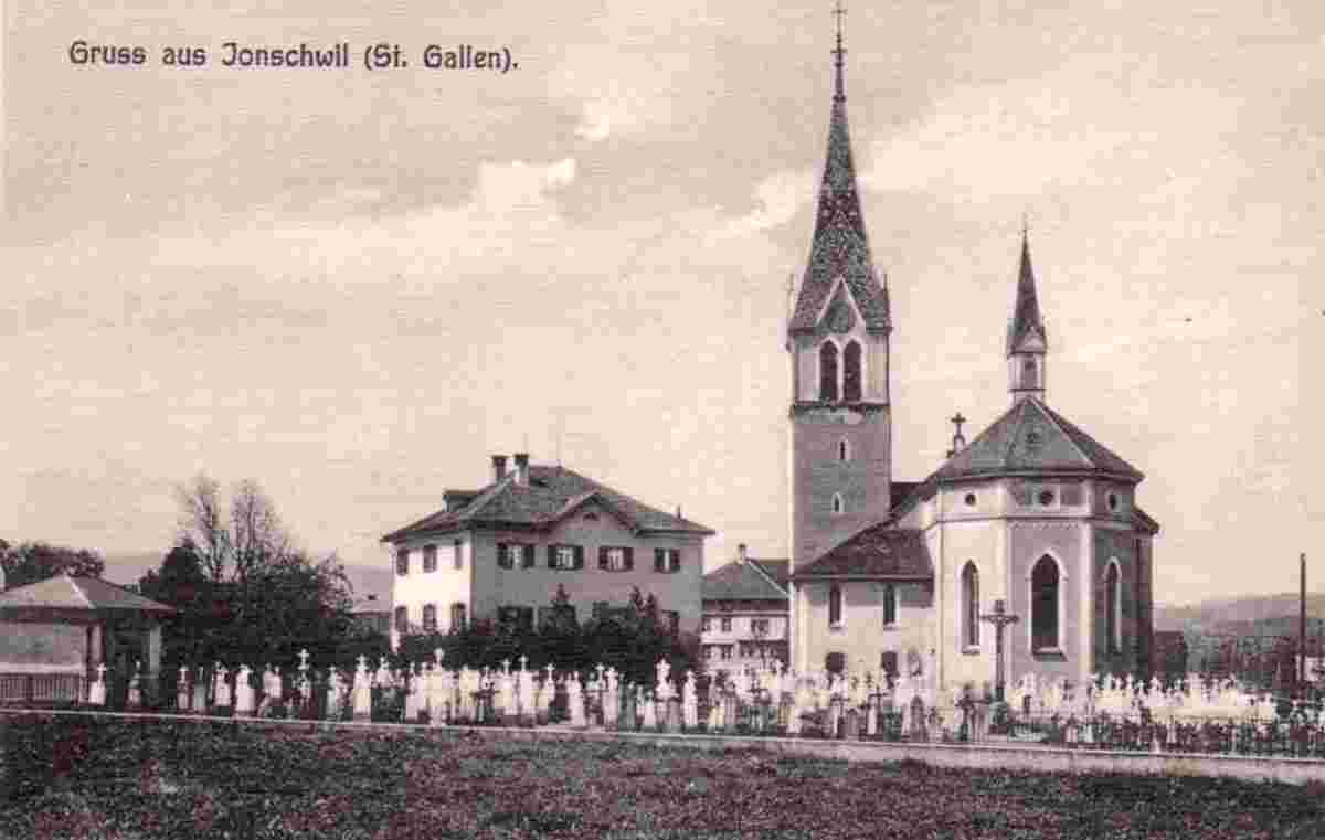 Jonschwil. Panorama der Kirche mit Friedhof, um 1910