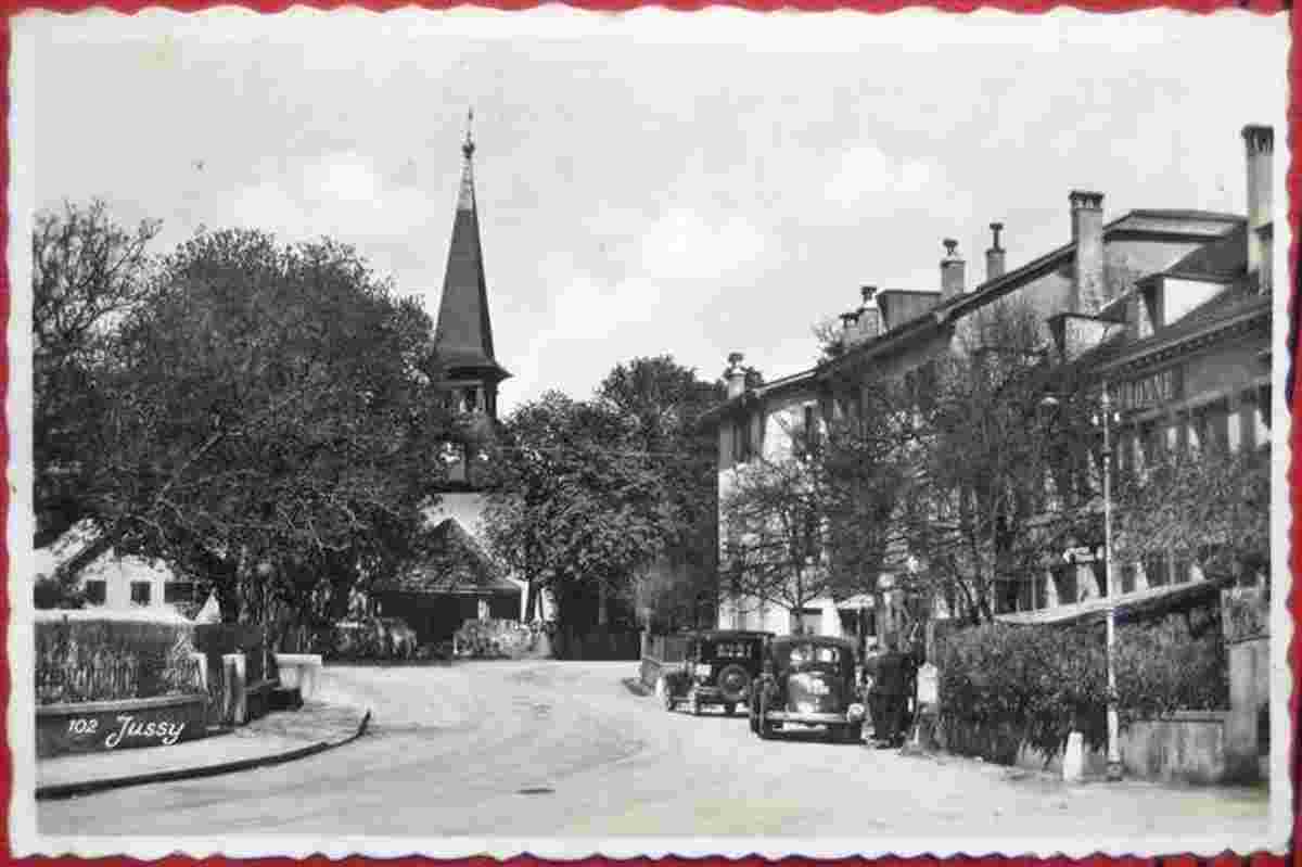 Jussy. Dorfplatz und Hotel de la Couronne, 1940