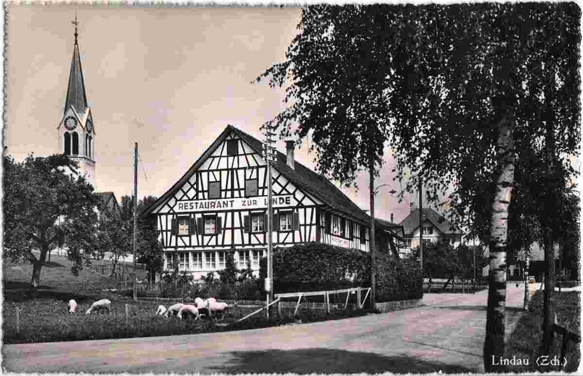 Lindau. Restaurant zur Linde mit Kirche, 1943