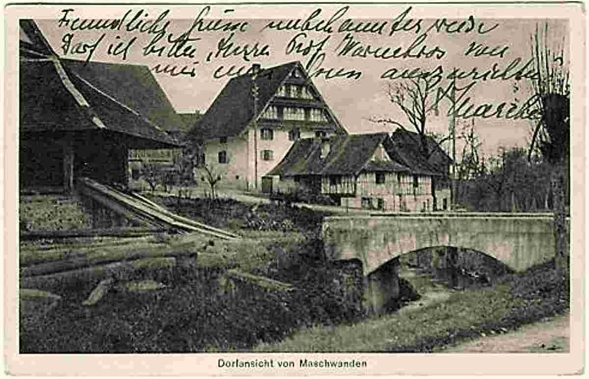 Maschwanden. Blick auf Dorfbrücke, um 1920