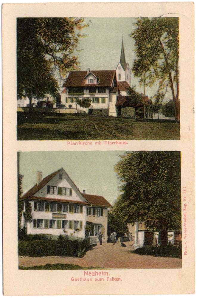 Neuheim. Kirche mit Pfarrhaus, Gasthaus 'Falken', 1922