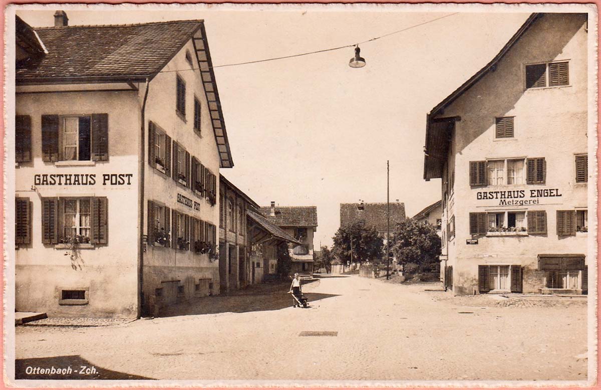 Ottenbach ZH. Gasthaus Post und Gasthaus Engel mit Metzgerei