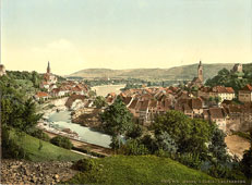 Aargau. Gross and Klein Laufenburg, Railway, Rhine river with bridge, circa 1890