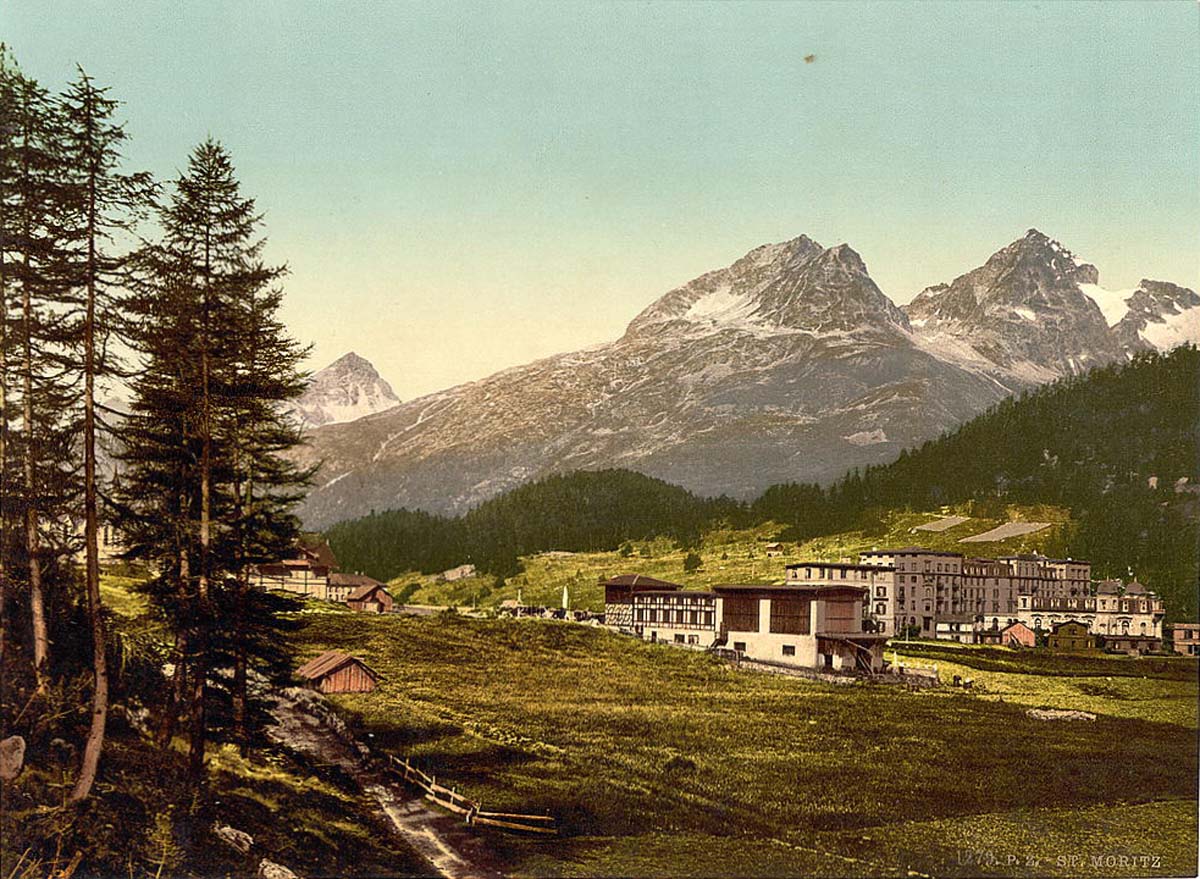 Grisons (Graubünden). Engadine, St. Moritz and view of the Pulaschin, Albana and Julier, circa 1890