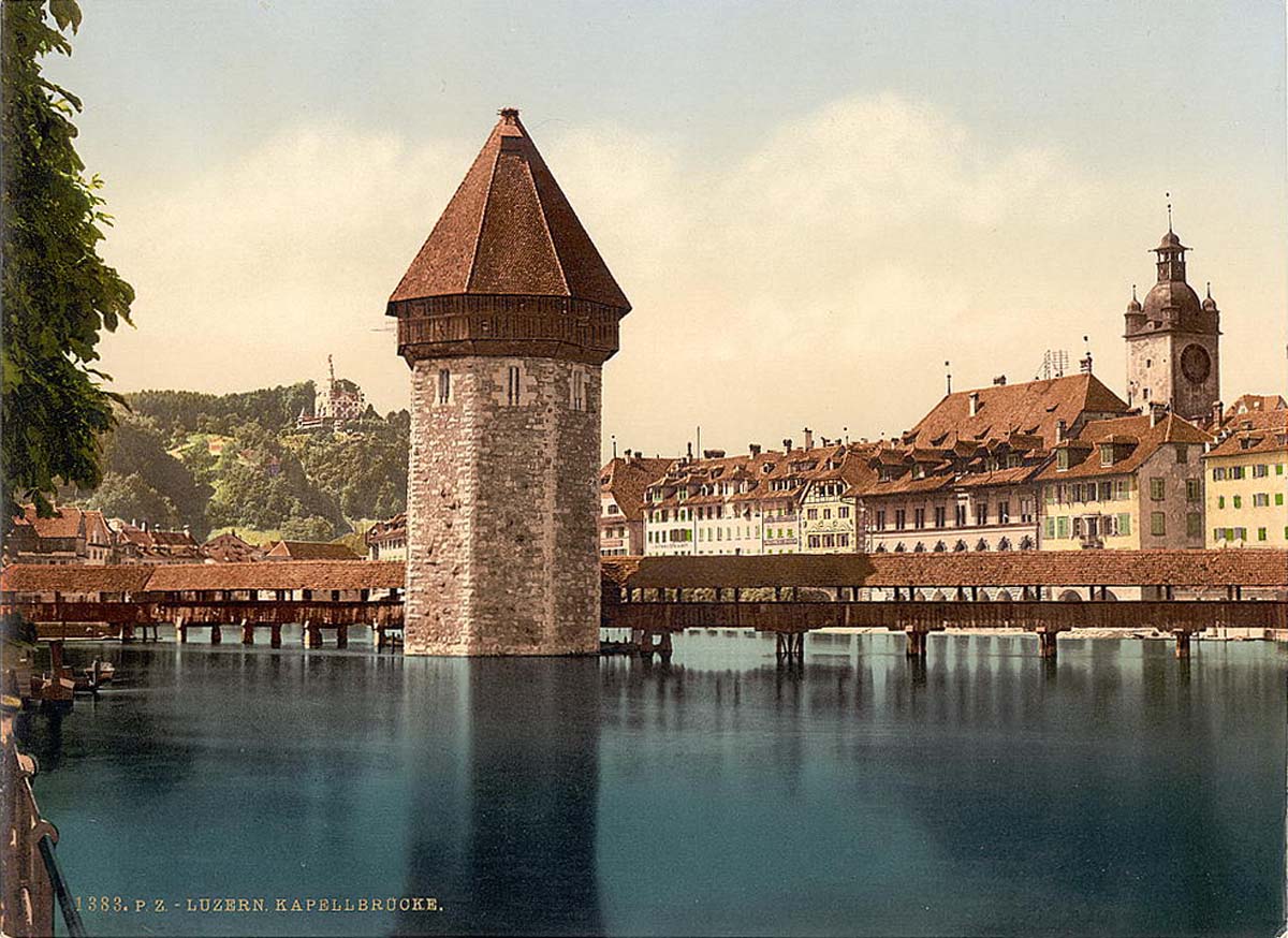 Lucerne (Luzern). Chapel Bridge and view of Pilatus, circa 1890