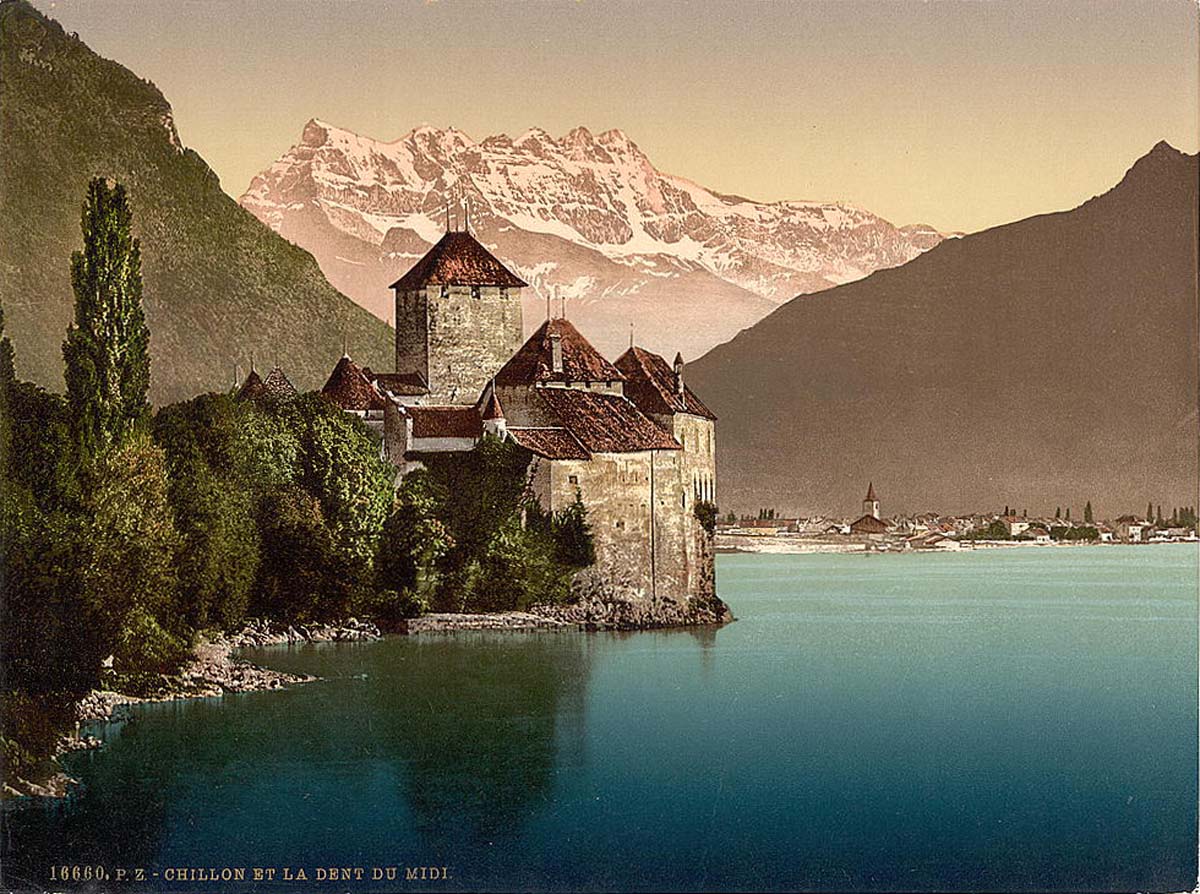 Vaud (Waadt). Chillon Castle and Dent du Midi, Geneva Lake, circa 1890
