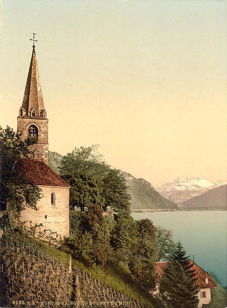 Vaud (Waadt). Montreux, the church and Dent du Midi, Geneva Lake, circa 1890