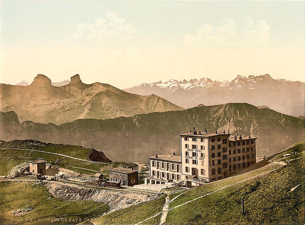 Vaud (Waadt). Rochers de Naye Grand Hotel and railroad, Geneva Lake, circa 1890