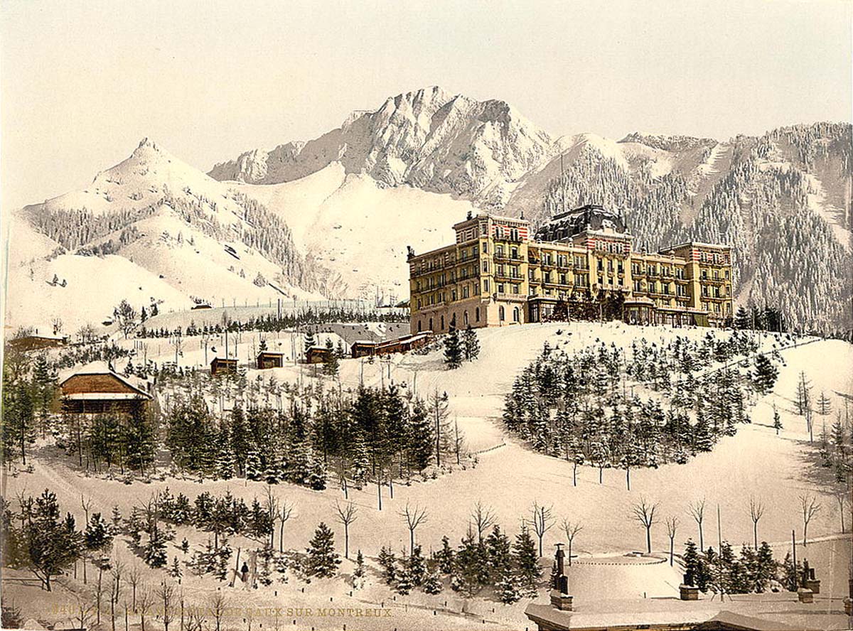Vaud (Waadt). Rochers de Naye and Hotel de Caux in winter, Geneva Lake, circa 1890