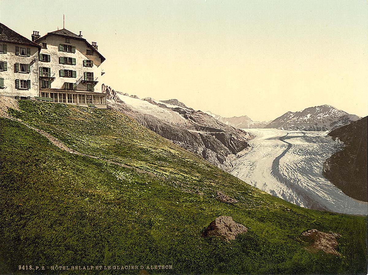 Valais (Wallis). Aletsch, glacier and Belalp Hotel, circa 1890