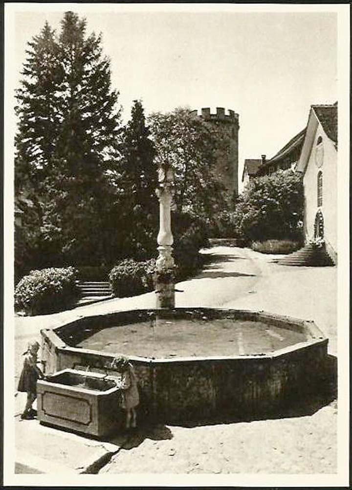 Regensberg. Oberburger Brunnen, Schlossturm Dielsdorf, um 1950