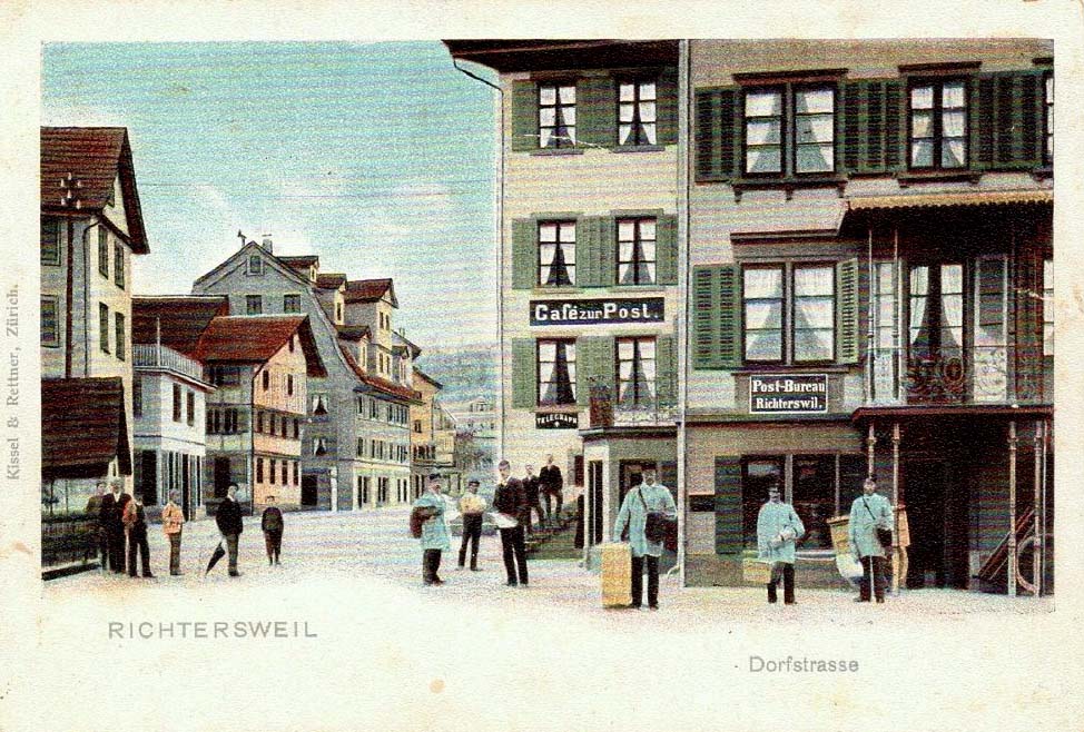 Richterswil. Dorfstrasse, Café zur Post, Post-Bureau, Briefträger