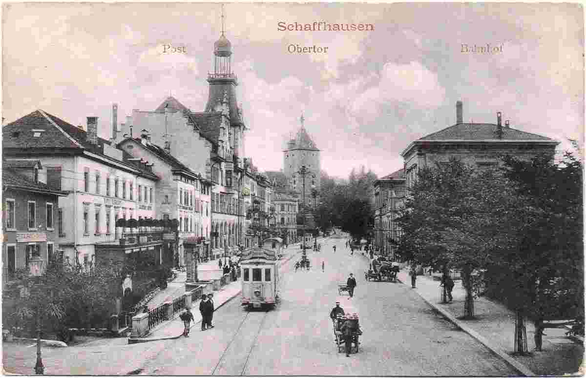 Schaffhausen. Von links - Hotel 'Bahnhof' und Post, rechts - Bahnhof, um 1906