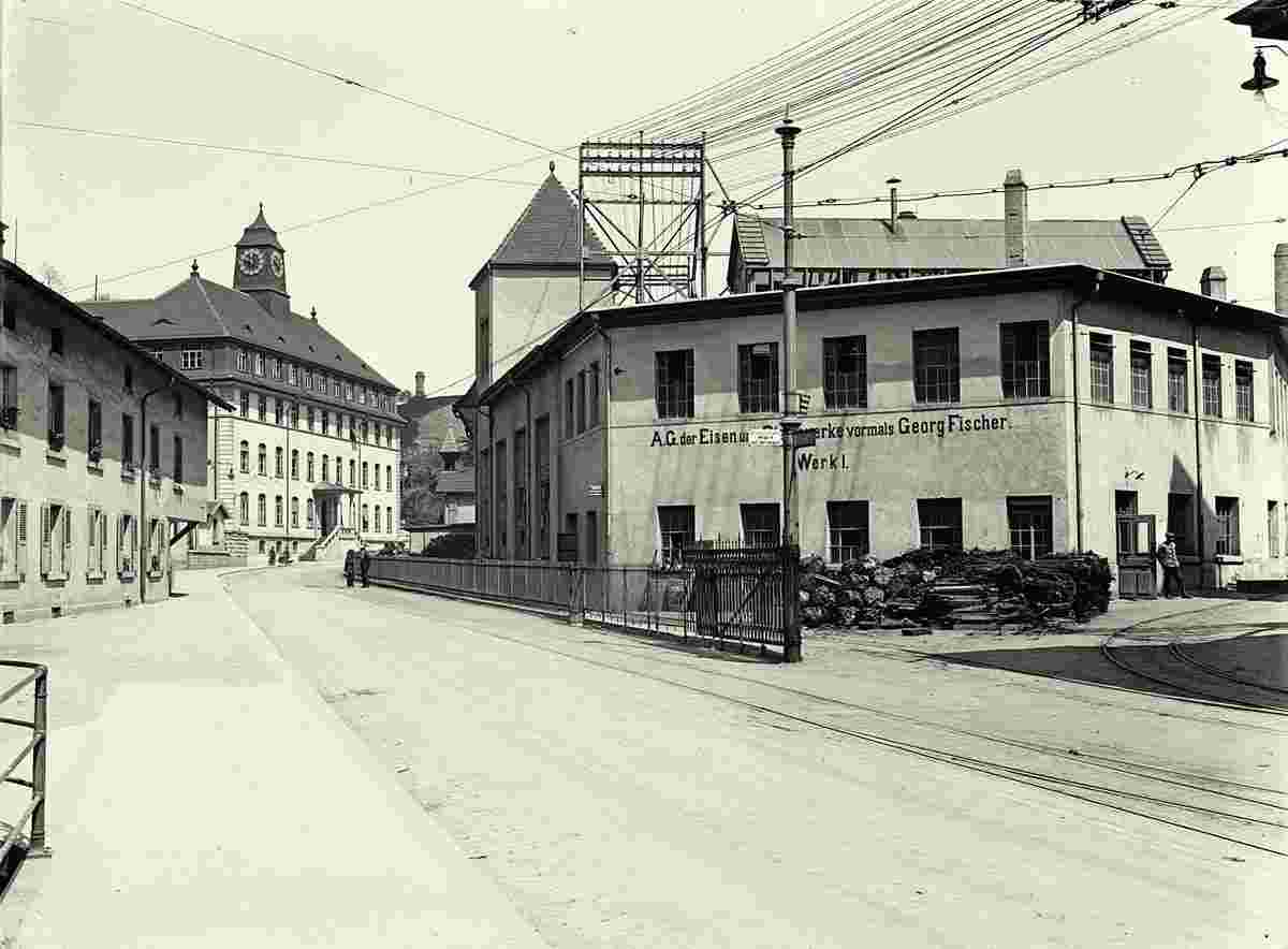 Schaffhausen. Verwaltungsgebäude, Werk I und Portierhaus von Georg Fischer, Mühlental, 1915