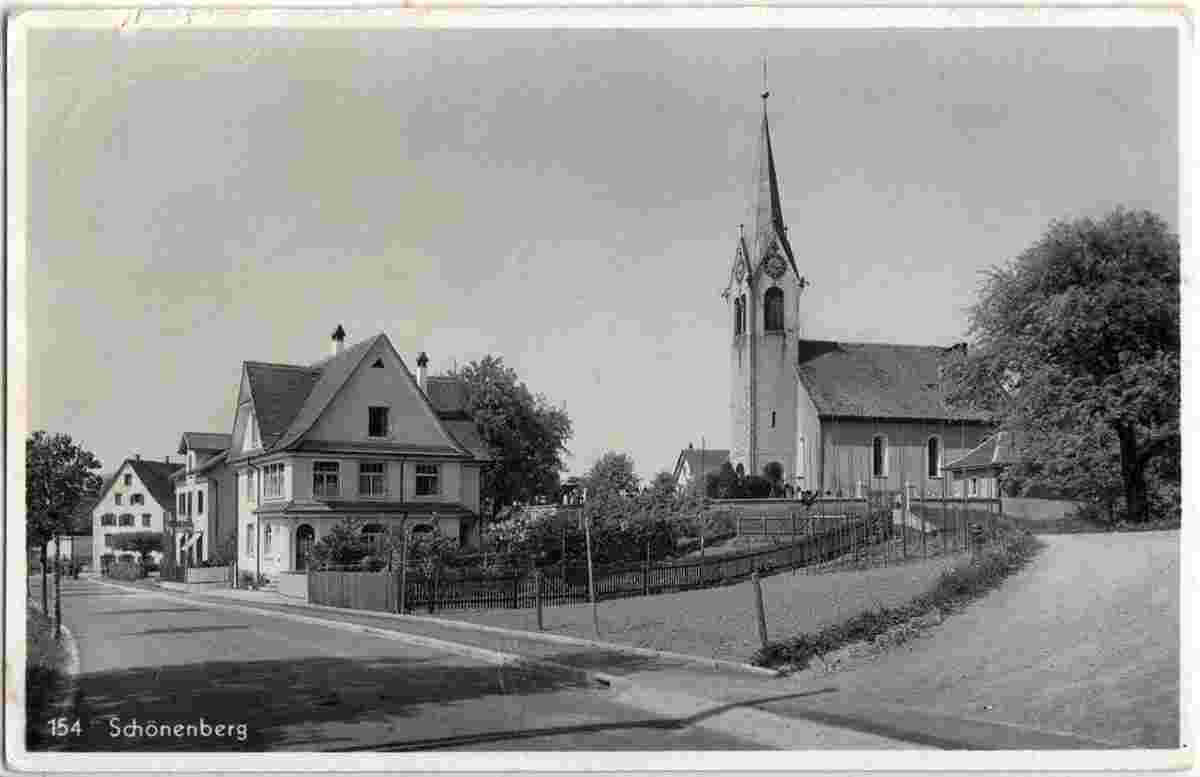 Schönenberg. Blick auf Dorfstraße mit Kirche, 1936