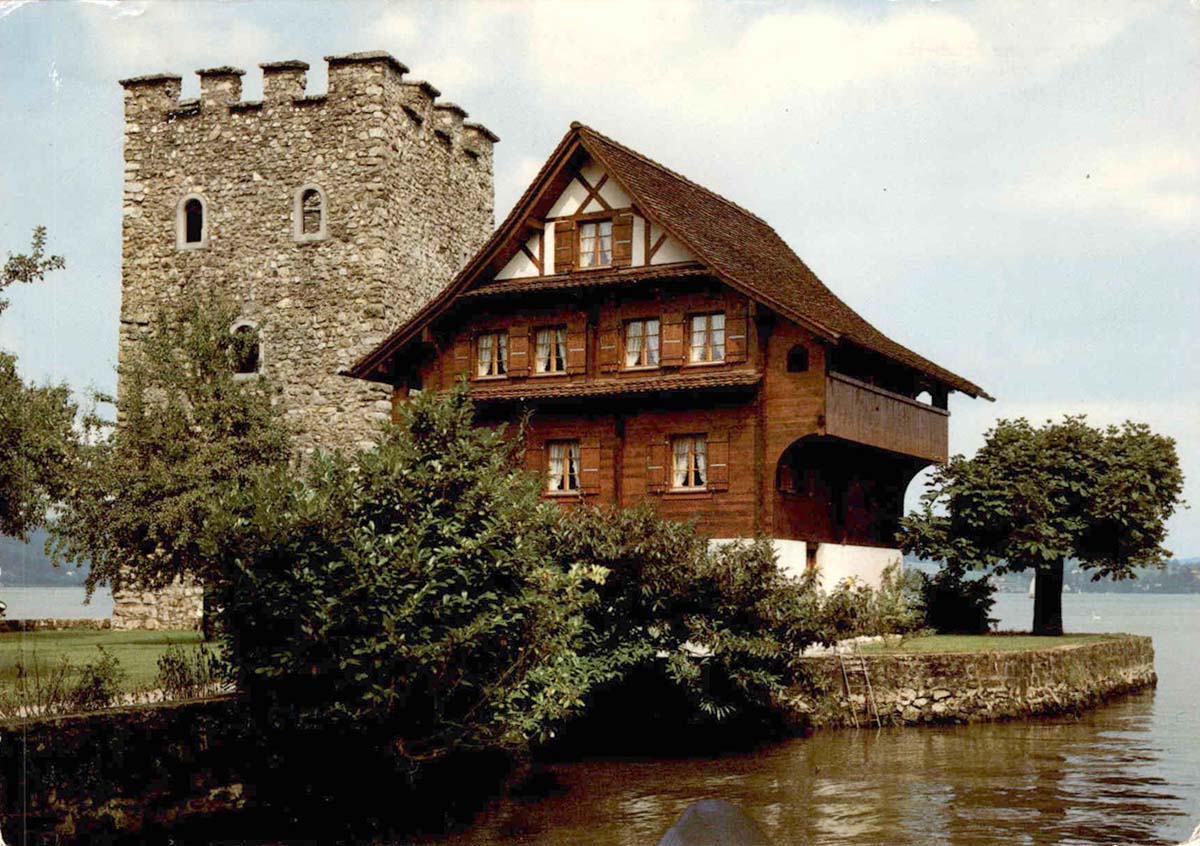 Stansstad. Schnitzturm und Fischerhaus beim Hotel Winkelried, 1980