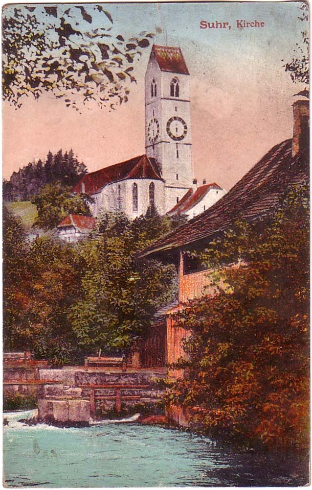Suhr. Panorama von fluss und Kirche, 1928