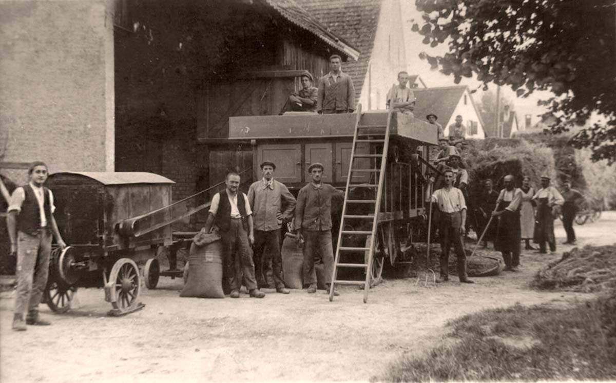 Therwil. Dreschen am Mittleren Kreis, um 1920