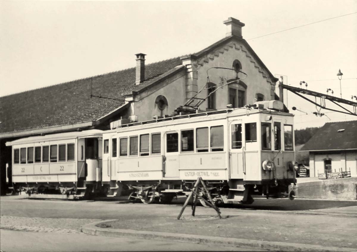 Uster. Bahnhof, Straßenbahn, 1909