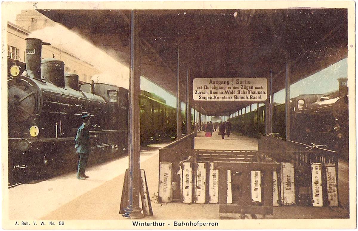 Winterthur. Bahnhofperron, Dampfzüge, 1908