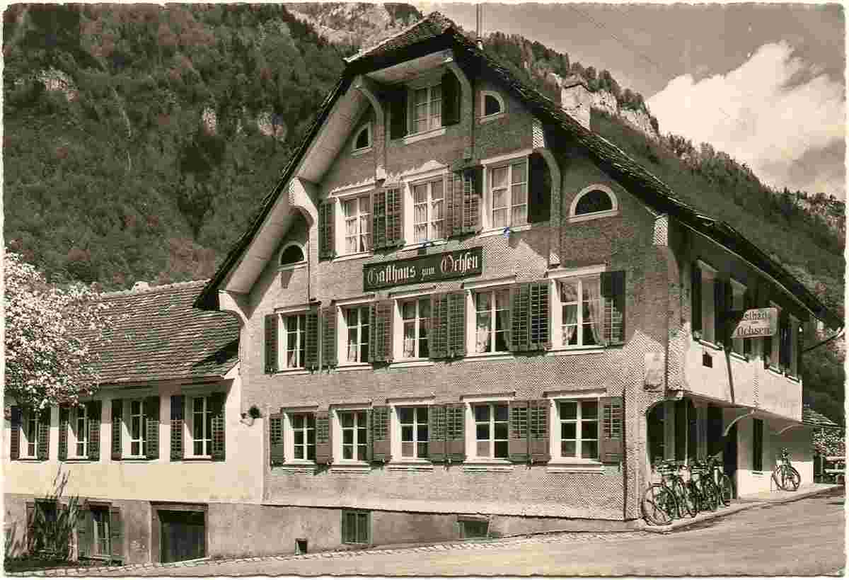 Wolfenschiessen. Gasthaus zum Ochsen, Besitzer R. Christen, Bahn Haltestelle Dörfli, 1941