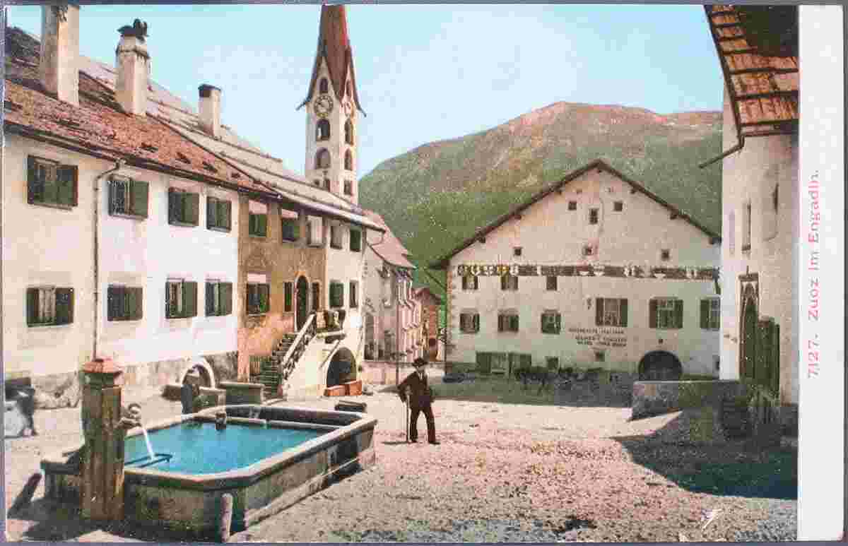 Zuoz. Dorfplatz mit brunnen, 1919