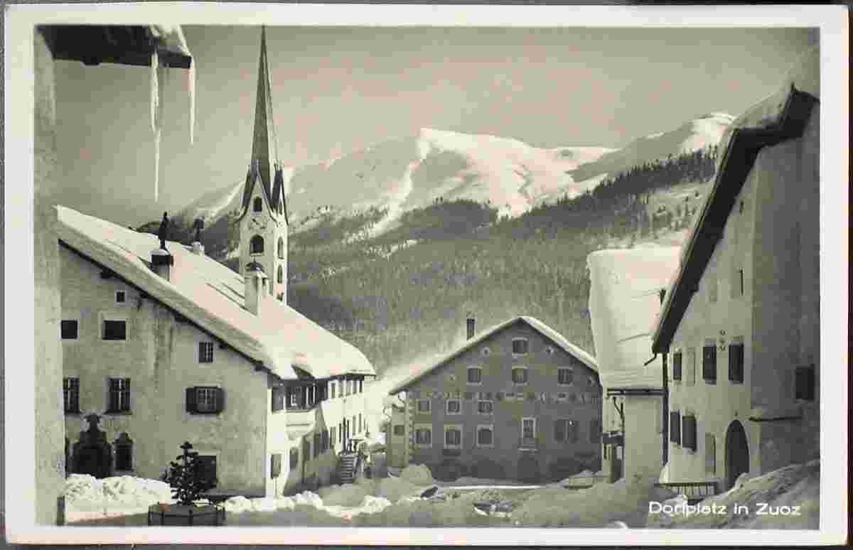 Zuoz. Dorfplatz im Winter, 1928