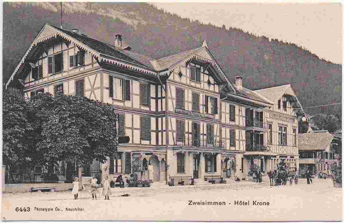 Zweisimmen. Hotel Krone, Pferdekutsche, Kinder, 1906