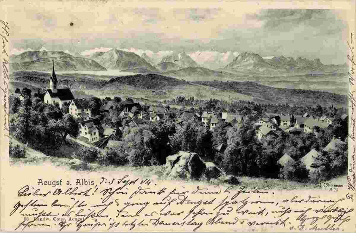 Panorama von Aeugst am Albis mit Kirche, 1904
